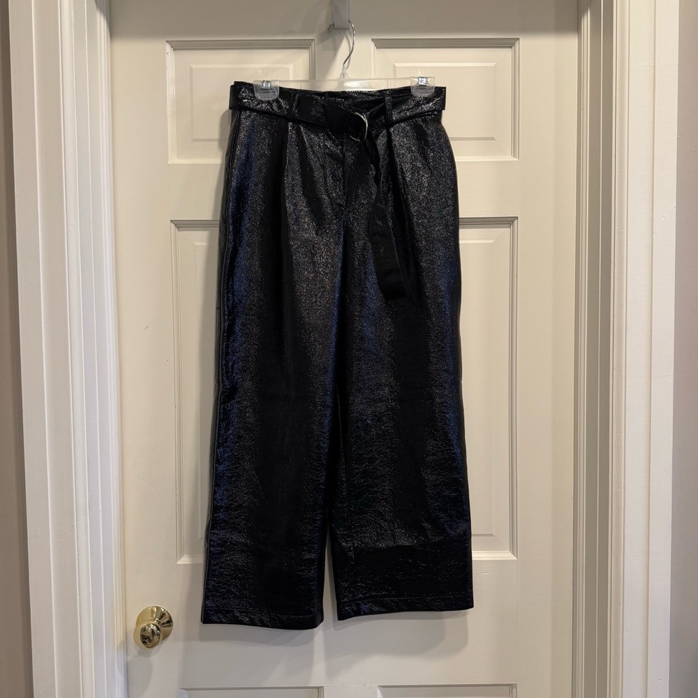 River Island Black Belted Shiny Wide-Leg Cropped Pants
